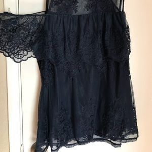 Blue lace cut shoulder top